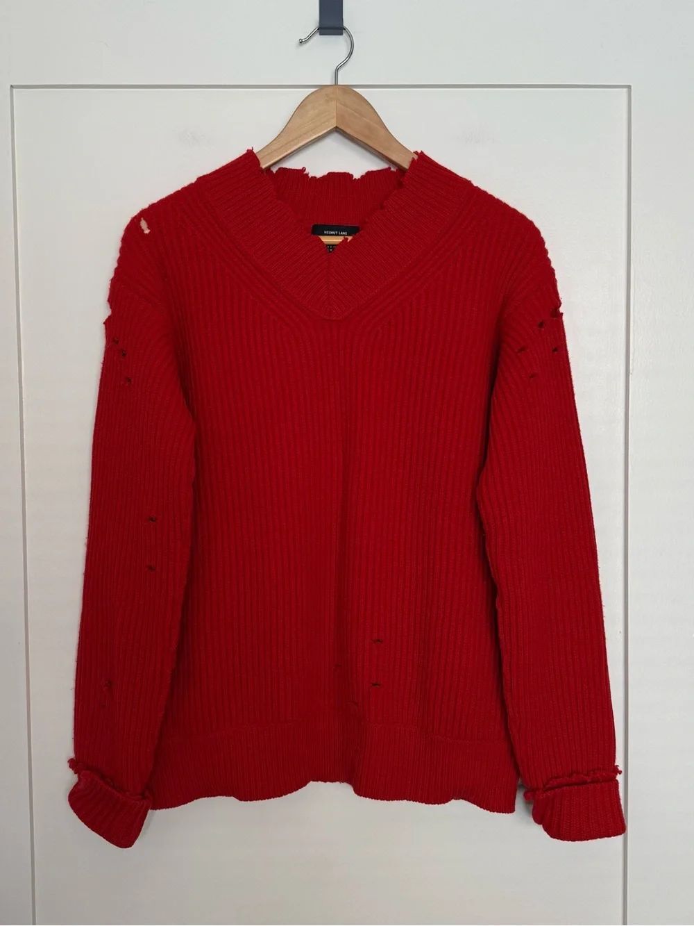 Helmut Lang Sweater Womens Sz S Red Ribbed Distressed V Neck Oversized 100% Wool